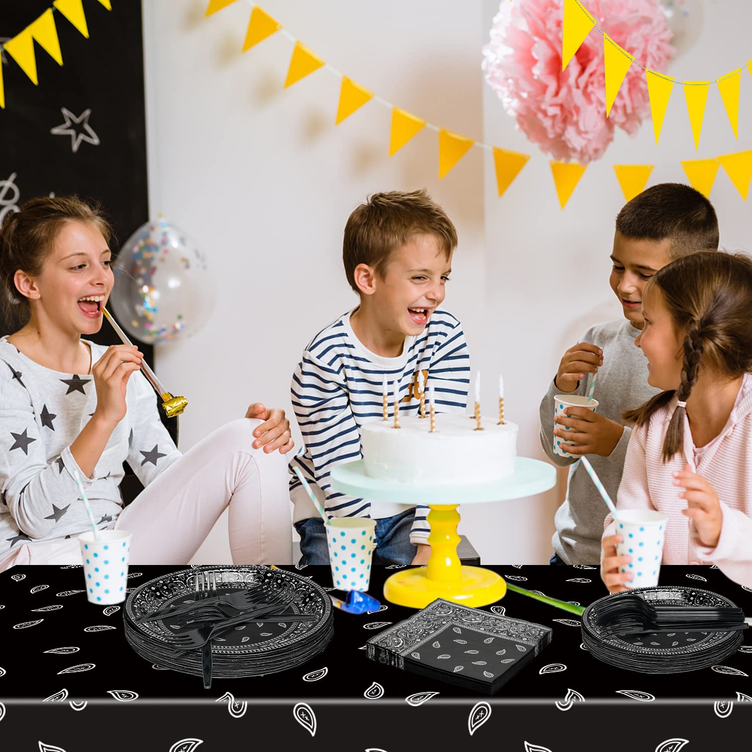 K1Tpde 96Pcs Cholo Bandana Party Tableware Set, Cholo Gangsta Theme Bandana Paper Plates, Western Cowboy Birthday Party Disposab